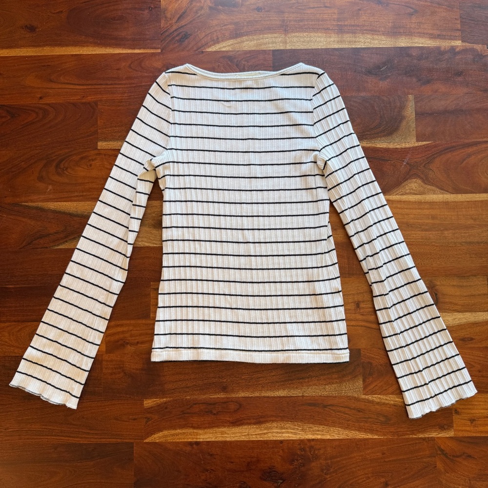 Madewell Boat Neck Striped Long-Sleeve Ribbed Tee - White with Black Stripes